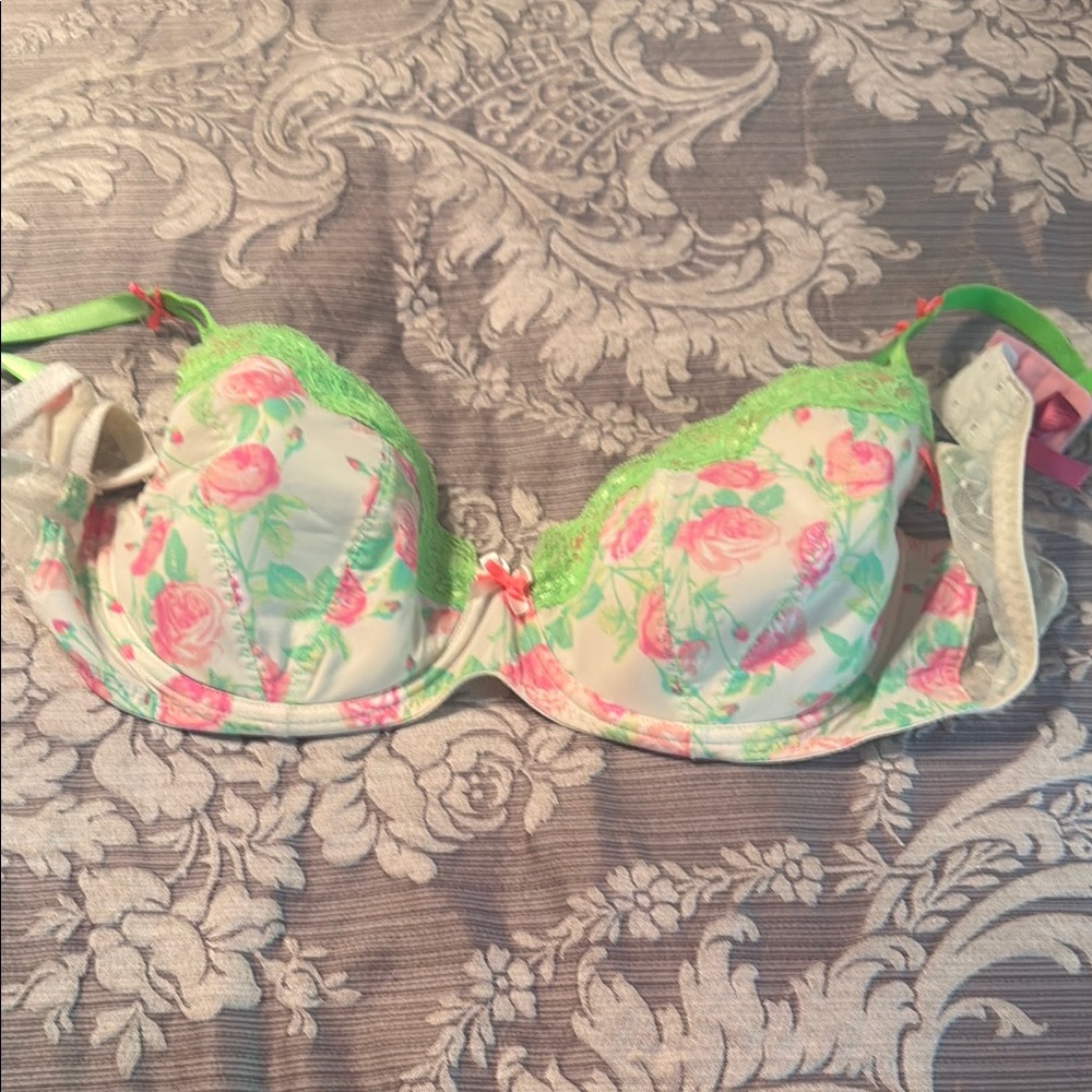 Betsey Johnson Floral Lace Bra - Green and Pink